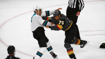 LAS VEGAS, NV - APRIL 14: Ryan Reaves (75) of the Vegas Golden Knights fights Evander Kane (9) of the San Jose Sharks during a Stanley Cup Playoffs first round game between the San Jose Sharks and the Vegas Golden Knights on April 14, 2019 at T-Mobile Arena in Las Vegas, Nevada. (Photo by Jeff Speer/Icon Sportswire via Getty Images)