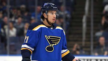 ST. LOUIS, MO. - DECEMBER 09: St. Louis Blues center Jordan Nolan (71) during a NHL game between the Vancouver Canucks and the St. Louis Blues on December 09, 2018, at Enterprise Center, St. Louis, MO. (Photo by Keith Gillett/Icon Sportswire via Getty Images)