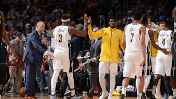 DENVER, CO - March : Torrey Craig #3 of the Denver Nuggets high-fives Malik Beasley #25 of the Denver Nuggets during the game against the Milwaukee Bucks on March 15, 2018 at the Pepsi Center in Denver, Colorado. NOTE TO USER: User expressly acknowledges and agrees that, by downloading and/or using this Photograph, user is consenting to the terms and conditions of the Getty Images License Agreement. Mandatory Copyright Notice: Copyright 2018 NBAE (Photo by Bart Young/NBAE via Getty Images)