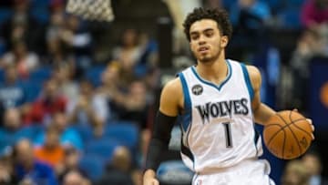 Nov 10, 2015; Minneapolis, MN, USA; Minnesota Timberwolves guard Tyus Jones (1) against the Charlotte Hornets at Target Center. The Hornets defeated the Timberwolves 104-95. Mandatory Credit: Brace Hemmelgarn-USA TODAY Sports