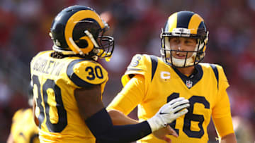 SANTA CLARA, CA - OCTOBER 21: Todd Gurley #30 and Jared Goff #16 of the Los Angeles Rams celebrate after a touchdown against the San Francisco 49ers during their NFL game at Levi's Stadium on October 21, 2018 in Santa Clara, California. (Photo by Ezra Shaw/Getty Images)