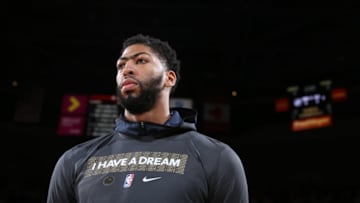 PORTLAND, OR - JANUARY 18: Anthony Davis #23 of the New Orleans Pelicans looks on during the game against the Portland Trail Blazers on January 18, 2019 at the Moda Center Arena in Portland, Oregon. NOTE TO USER: User expressly acknowledges and agrees that, by downloading and or using this photograph, user is consenting to the terms and conditions of the Getty Images License Agreement. Mandatory Copyright Notice: Copyright 2019 NBAE (Photo by Sam Forencich/NBAE via Getty Images)