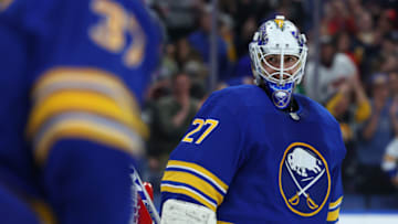 Apr 8, 2023; Buffalo, New York, USA; Buffalo Sabres goaltender Devon Levi (27) reacts after a win against the Carolina Hurricanes at KeyBank Center. Mandatory Credit: Timothy T. Ludwig-USA TODAY Sports