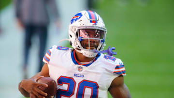 Nov 15, 2020; Glendale, Arizona, USA; Buffalo Bills running back Zack Moss (20) against the Arizona Cardinals at State Farm Stadium. Mandatory Credit: Mark J. Rebilas-USA TODAY Sports