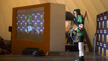 BIRMINGHAM, ENGLAND - MARCH 19: An attendee at Comic Con 2016 in cosplay as Link from Legends of Zelda competing in the MCM Masquerade at the NEC, Birmingham, United Kingdom on March 19th 2016> on March 19, 2016 in Birmingham, United Kingdom. (Photo by Ollie Millington/Getty Images)