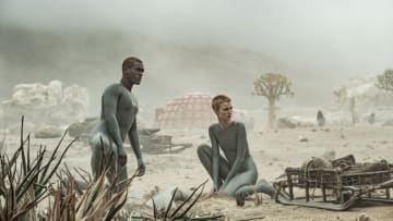 Abubakar Salim and Amanda Collin in Raised by Wolves Season 1, Episode 1 - Photograph by Coco Van Oppens/HBO Max