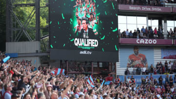 BIRMINGHAM, ENGLAND - MAY 28: A general view of an LED board stating that Aston Villa qualified for the UEFA Europa Conference League Play offs after the final whistle of the Premier League match between Aston Villa and Brighton & Hove Albion at Villa Park on May 28, 2023 in Birmingham, England. (Photo by Eddie Keogh/Getty Images)