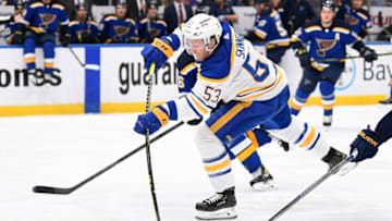 Feb 25, 2022; St. Louis, Missouri, USA; Buffalo Sabres left wing Jeff Skinner (53) takes a shot against the St. Louis Blues during the first period at Enterprise Center. Mandatory Credit: Jeff Le-USA TODAY Sports
