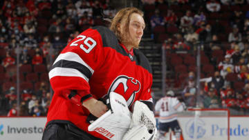 Mackenzie Blackwood #29 of the New Jersey Devils in action against the Edmonton Oilers at Prudential Center on December 31, 2021 in Newark, New Jersey. The Devils defeated the Oilers 6-5 in overtime. (Photo by Jim McIsaac/Getty Images)