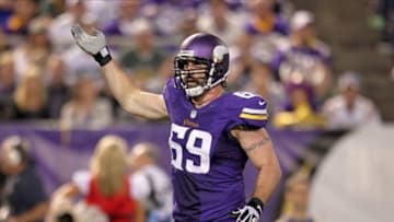 Oct 27, 2013; Minneapolis, MN, USA; Minnesota Vikings defensive end Jared Allen (69) prior to a play during the third quarter against the Green Bay Packers at Mall of America Field at H.H.H. Metrodome. The Packers defeated the Vikings 44-31. Mandatory Credit: Brace Hemmelgarn-USA TODAY Sports