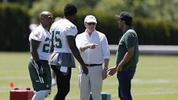 Jun 14, 2016; Florham Park, NJ, USA; Jets owner Woody Johnson introduces New York Jets running back Matt Forte (22) and New York Jets wide receiver Brandon Marshall (15) to actor Bobby Carnavale during OTA at Atlantic Health Jets Training Center. Mandatory Credit: Noah K. Murray-USA TODAY Sports