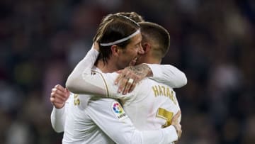 MADRID, SPAIN - FEBRUARY 16: Sergio Ramos and Eden Hazard of Real Madrid CF celebrates after scoring his team's second goal during the Liga match between Real Madrid CF and RC Celta de Vigo at Estadio Santiago Bernabeu on February 16, 2020 in Madrid, Spain. (Photo by Diego Souto/Quality Sport Images/Getty Images)