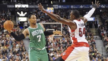 Oct 10, 2014; Toronto, Ontario, CAN; Boston Celtics center Jared Sullinger (7) passes past Toronto Raptors forward Patrick Patterson (54) in the fourth quarter at Air Canada Centre. Raptors won 116-109. Mandatory Credit: Peter Llewellyn-USA TODAY Sports