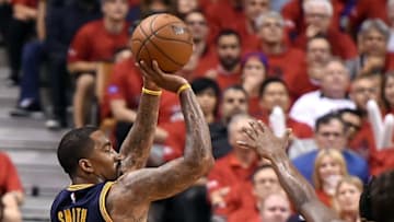 May 27, 2016; Toronto, Ontario, CAN; Cleveland Cavaliers guard J.R. Smith (5) takes a jump shot against Toronto Raptors in game six of the Eastern conference finals of the NBA Playoffs at Air Canada Centre.The Cavaliers won 113-87. Mandatory Credit: Dan Hamilton-USA TODAY Sports