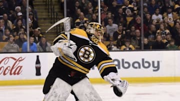 Dec 20, 2016; Boston, MA, USA; Boston Bruins goalie Anton Khudobin (35) clears the puck during the third period against the New York Islanders at TD Garden. Mandatory Credit: Bob DeChiara-USA TODAY Sports