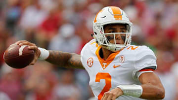 TUSCALOOSA, AL - OCTOBER 21: Jarrett Guarantano #2 of the Tennessee Volunteers looks to pass against the Alabama Crimson Tide at Bryant-Denny Stadium on October 21, 2017 in Tuscaloosa, Alabama. (Photo by Kevin C. Cox/Getty Images)