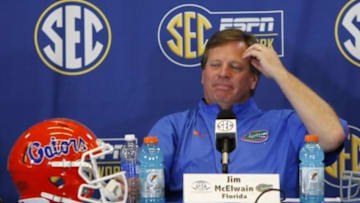 Dec 5, 2015; Atlanta, GA, USA; Florida Gators head coach Jim McElwain address the media at a press conference following their 29-15 loss to the Alabama Crimson Tide in the 2015 SEC Championship Game at the Georgia Dome. Mandatory Credit: Brett Davis-USA TODAY Sports