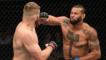 PRAGUE, CZECH REPUBLIC - FEBRUARY 23: (R-L) Thiago Santos of Brazil punches Jan Blachowicz of Poland in their light heavyweight bout during the UFC Fight Night event at O2 Arena on February 23, 2019 in the Prague, Czech Republic. (Photo by Jeff Bottari/Zuffa LLC/Zuffa LLC via Getty Images)