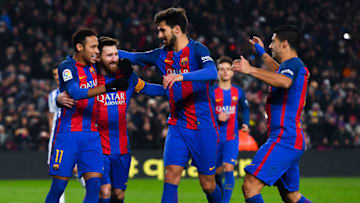 BARCELONA, SPAIN - JANUARY 26: Lionel Messi (2ndL) of FC Barcelona celebrates with his team mates Neymar Jr. (L) Andre Gomes (2ndR) and Luis Suarez after scoring from the penalty spot his team's second goal during the Copa del Rey quarter-final second leg match between FC Barcelona and Real Sociedad at Camp Nou on January 26, 2017 in Barcelona, Spain. (Photo by David Ramos/Getty Images)
