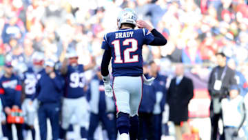FOXBOROUGH, MASSACHUSETTS - DECEMBER 29: Tom Brady #12 of the New England Patriots walks off the field during the game against the Miami Dolphins at Gillette Stadium on December 29, 2019 in Foxborough, Massachusetts. (Photo by Maddie Meyer/Getty Images)