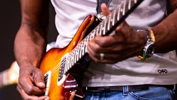 Singer Keb' Mo', guitar detail, performs onstage during day 2 of 2023 Stagecoach Festival on April 29, 2023 in Indio, California. (Photo by Scott Dudelson/Getty Images for Stagecoach)