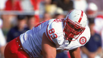 Kyle Vanden Bosch #83 of the Nebraska Cornhuskers plows through all resistance during the game against the Notre Dame Fighting Irish (Jonathan Daniel /Allsport)