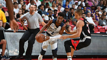 LAS VEGAS, NV - JULY 16: Kobi Simmons #2 of the Memphis Grizzlies handles the ball against the Portland Trail Blazers during the 2017 Summer League Semifinals on July 16, 2017 at the Thomas & Mack Center in Las Vegas, Nevada. NOTE TO USER: User expressly acknowledges and agrees that, by downloading and/or using this Photograph, user is consenting to the terms and conditions of the Getty Images License Agreement. Mandatory Copyright Notice: Copyright 2017 NBAE (Photo by Garrett Ellwood/NBAE via Getty Images)