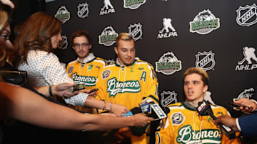 LAS VEGAS, NV - JUNE 19: (l-r) Tyler Smith, Kaleb Dahlgren and Ryan Straschnitzki attend a press conference prior to the 2018 NHL Awards at the Encore Las Vegas on June 19, 2018 in Las Vegas, Nevada. (Photo by Bruce Bennett/Getty Images)