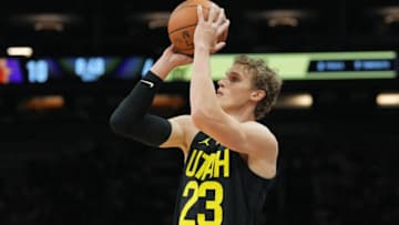 Oct 28, 2023; Phoenix, Arizona, USA; Utah Jazz forward Lauri Markkanen (23) shoots against the Phoenix Suns during the first half at Footprint Center. Mandatory Credit: Joe Camporeale-USA TODAY Sports