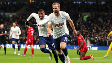 LONDON, ENGLAND - DECEMBER 19: Harry Kane of Tottenham Hotspur celebrates scoring his teams first goal during the Premier League match between Tottenham Hotspur and Liverpool at Tottenham Hotspur Stadium on December 19, 2021 in London, England. (Photo by Chloe Knott - Danehouse/Getty Images)