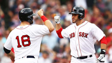 BOSTON, MA - MAY 20: J.D. Martinez #28 of the Boston Red Sox celebrates his two-run home run with Mitch Moreland #18 in the fifth inning of a game against the Baltimore Orioles at Fenway Park on May 20, 2018 in Boston, Massachusetts. (Photo by Adam Glanzman/Getty Images)