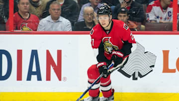 Mar 22, 2016; Ottawa, Ontario, CAN; Ottawa Senators right wing Curtis Lazar (27) skates in the first period against the Washington Capitals at the Canadian Tire Centre. Mandatory Credit: Marc DesRosiers-USA TODAY Sports