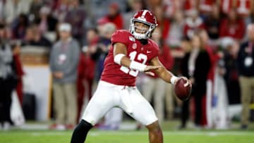 TUSCALOOSA, ALABAMA - NOVEMBER 09: Tua Tagovailoa #13 of the Alabama Crimson Tide throws a pass during the second half against the LSU Tigers in the game at Bryant-Denny Stadium on November 09, 2019 in Tuscaloosa, Alabama. (Photo by Todd Kirkland/Getty Images)