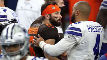 ARLINGTON, TEXAS - OCTOBER 04: Baker Mayfield #6 of the Cleveland Browns and Dak Prescott #4 of the Dallas Cowboys greet each other after the Browns defeated the Cowboys 49-38 at AT&T Stadium on October 04, 2020 in Arlington, Texas. (Photo by Ronald Martinez/Getty Images)
