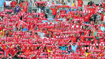 Jul 30, 2014; Bronx, NY, USA; Liverpool FC fans cheer before a game between Liverpool FC and Manchester City FC at Yankee Stadium. Mandatory Credit: Brad Penner-USA TODAY Sports