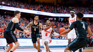 SYRACUSE, NY - DECEMBER 08: Jalen Carey #5 of the Syracuse Orange reacts to having the ball stolen during the second half against the Georgetown Hoyas at the Carrier Dome on December 8, 2018 in Syracuse, New York. Syracuse defeated Georgetown 72-71. (Photo by Brett Carlsen/Getty Images)