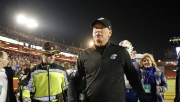 AMES, IA - NOVEMBER 4: Head coach Lance Leipold of the Kansas Jayhawks leaves the field after winning 28-21 over the Iowa State Cyclones at Jack Trice Stadium on November 4, 2023 in Ames, Iowa. The Kansas Jayhawks won 28-21 over the Iowa State Cyclones. (Photo by David K Purdy/Getty Images)