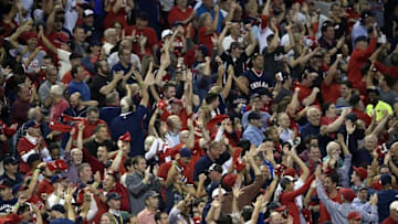 October 6, 2016; Cleveland, OH, USA; Cleveland Indians fans cheer in the third inning against the Boston Red Sox during game one of the 2016 ALDS playoff baseball game at Progressive Field. Mandatory Credit: David Richard-USA TODAY Sports