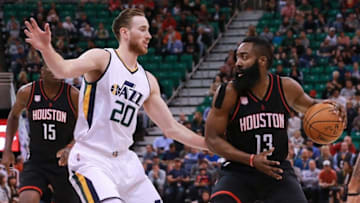 Nov 29, 2016; Salt Lake City, UT, USA; Utah Jazz forward Gordon Hayward (20) tries to stop Houston Rockets guard James Harden (13) from gettting to the basket during the first quarter at Vivint Smart Home Arena. Mandatory Credit: Chris Nicoll-USA TODAY Sports