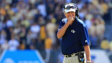 ATLANTA, GA - OCTOBER 01: Head coach Paul Johnson of the Georgia Tech Yellow Jackets speaks in his radio during the second half against the Miami Hurricanes at Bobby Dodd Stadium on October 1, 2016 in Atlanta, Georgia. Miami won 35-21. (Photo by Daniel Shirey/Getty Images)