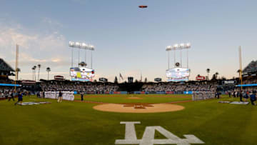 LOS ANGELES, CA - OCTOBER 09: A general view during player introductions before game one of the National League Division Series between the Los Angeles Dodgers and the New York Mets at Dodger Stadium on October 9, 2015 in Los Angeles, California. (Photo by Sean M. Haffey/Getty Images)