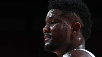 LAS VEGAS, NV - JULY 6: Deandre Ayton #22 of the Phoenix Suns looks on against the Dallas Mavericks during the 2018 Las Vegas Summer League on July 6, 2018 at the Thomas & Mack Center in Las Vegas, Nevada. NOTE TO USER: User expressly acknowledges and agrees that, by downloading and/or using this Photograph, user is consenting to the terms and conditions of the Getty Images License Agreement. Mandatory Copyright Notice: Copyright 2018 NBAE (Photo by Garrett Ellwood/NBAE via Getty Images)