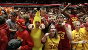 Nov 17, 2013; Ames, IA, USA; Iowa State Cyclone fans are excited against the Michigan Wolverines at James H. Hilton Coliseum. Iowa State beat Michigan 77-70. Mandatory Credit: Reese Strickland-USA TODAY Sports