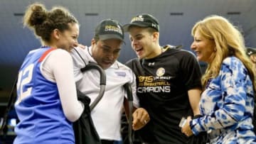 Mar 15, 2015; New Orleans, LA, USA; Georgia State Panthers head coach Ron Hunter celebrates with his son guard R.J. Hunter and daughter Jasmine Hunter and wife Amy Hunter following a win against the Georgia Southern Eagles in the Sun Belt Conference Tournament Championship game at the Lakefront Arena. Georgia State defeated Georgia Southern 38-36. Mandatory Credit: Derick E. Hingle-USA TODAY Sports