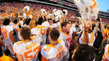 ATHENS, GA - OCTOBER 1: Members of the Tennessee Volunteers celebrate after the game against the Georgia Bulldogs at Sanford Stadium on October 1, 2016 in Athens, Georgia. (Photo by Scott Cunningham/Getty Images)
