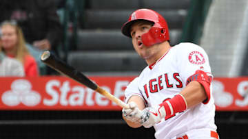 ANAHEIM, CA - MAY 26: Mike Trout #27 of the Los Angeles Angels of Anaheim hits a RBI double in the seventh inning of the game against the Texas Rangers at Angel Stadium of Anaheim on May 26, 2019 in Anaheim, California. (Photo by Jayne Kamin-Oncea/Getty Images)