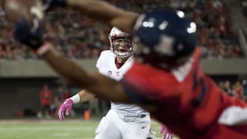 Oct 29, 2016; Tucson, AZ, USA; Stanford Cardinal safety Dallas Lloyd (29) watches as Arizona Wildcats wide receiver Trey Griffey (5) attempts to catch a pass during the second quarter at Arizona Stadium. Mandatory Credit: Casey Sapio-USA TODAY Sports