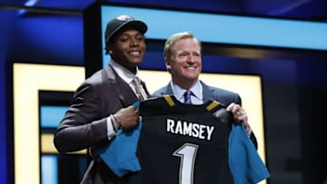 Apr 28, 2016; Chicago, IL, USA; Jalen Ramsey (Florida State) with NFL commissioner Roger Goodell after being selected by the Jacksonville Jaguars as the number five overall pick in the first round of the 2016 NFL Draft at Auditorium Theatre. Mandatory Credit: Kamil Krzaczynski-USA TODAY Sports