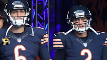 Sep 19, 2016; Chicago, IL, USA; Chicago Bears quarterback Jay Cutler (6) and quarterback Brian Hoyer (2) takes the field prior to the game against the Philadelphia Eagles at Soldier Field. Mandatory Credit: Mike DiNovo-USA TODAY Sports
