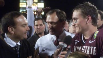 Dr. Jerry Punch of ESPN interviews Mississippi State quarterback Kevin Fant and bulldogs coach Jackie Sherrill after MSU's victory over Ole Miss in 2001.jackie sherrill